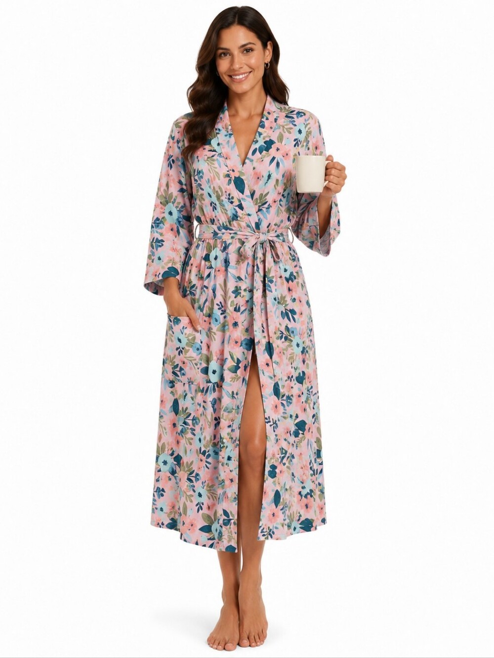 Milkmaid Goods Robe, Size XL, Pink & Blue Floral, Pockets
